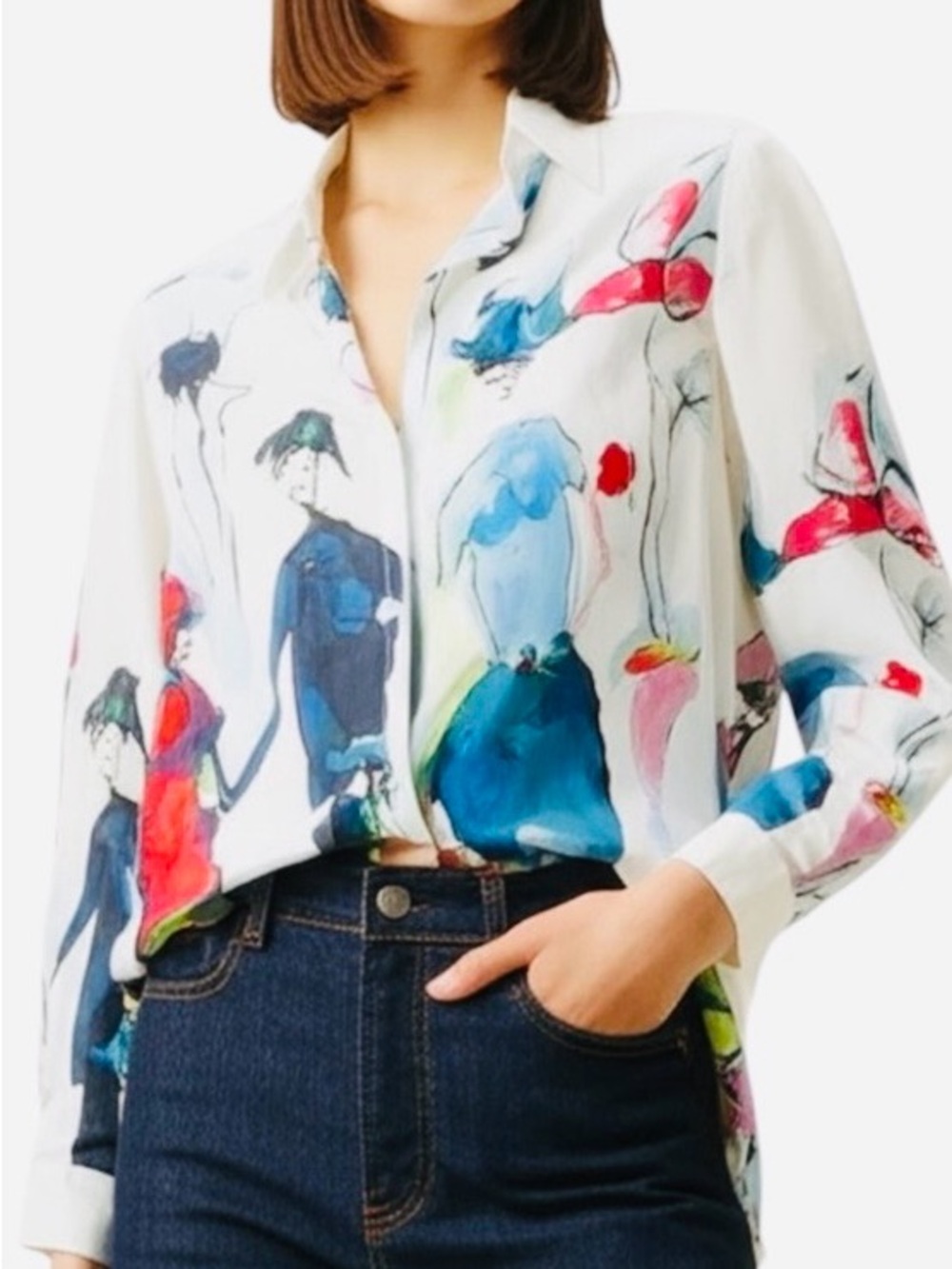 Abstract Watercolor Parisian Print Long-Sleeve Shirt - White/Multi - Picture 2 of 5